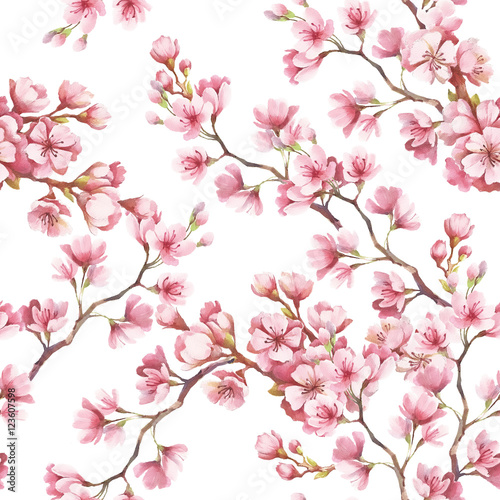 Obraz na płótnie Seamless pattern with cherry blossoms. Watercolor illustration.