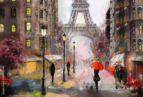 Fototapeta oil painting on canvas, street view of Paris. Artwork. eiffel tower . people under a red umbrella. Tree. France