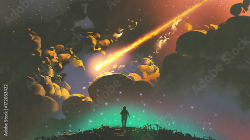 Obraz na płótnie night scenery of a boy looking the meteor in the colorful sky, digital art style, illustration painting