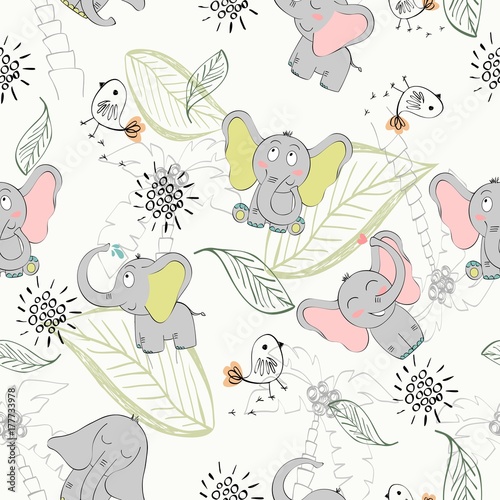 Fotofirana Vector seamless pattern with elephant and birds