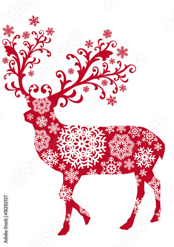 Fotoroleta Świąteczny renifer z biało-czerwonych płatków śniegu