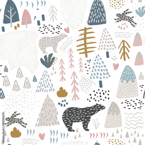 Foto zasłona Seamless pattern with bunny,polar bear, forest elements and hand drawn shapes. Childish texture. Great for fabric, textile Vector Illustration
