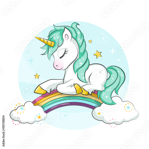 Plakat Little pony. Cute magical unicorn and rainbow. Vector design isolated on white background. Print for t-shirt or sticker. Romantic hand drawing illustration for children.