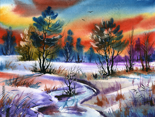 Fototapeta Zimowy pejrzaż malowany farbą