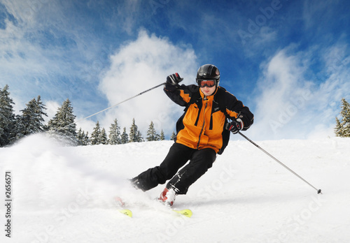 Plakat góra narciarz sport