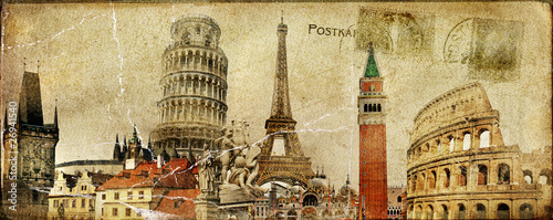Plakat Europejskie wakacje- pocztówka w sepi