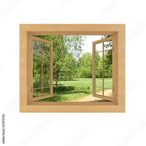 Obraz na płótnie Drewniane okno z widokiem na polanę