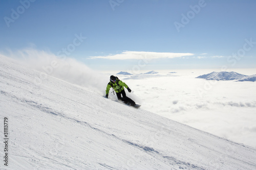 Plakat snowboarder narty niebo narciarz