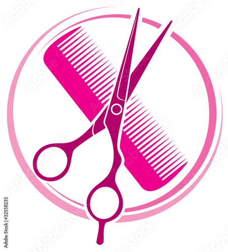 Plakat nowoczesny fryzjerstwo nożyczki salon fiołek