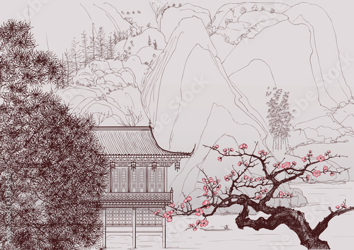 Plakat Rysunek chińskiego krajobrazu