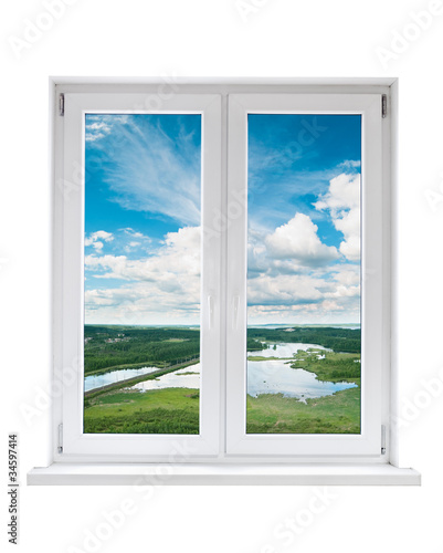 Fototapeta Białe plastikowe okno z widokiem