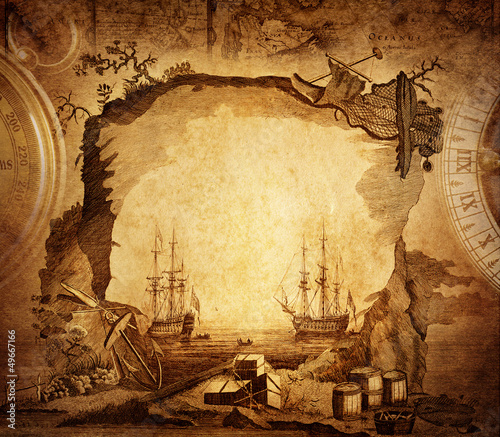 Plakat antyczny kompas geografia statek stary