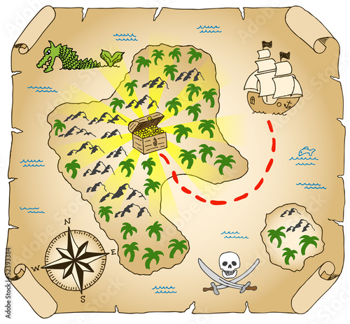 Naklejka żaglowiec wyspa kompas mapa morze