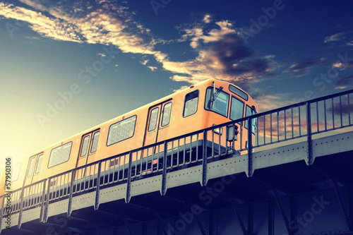 Plakat słońce tramwaj most miasto