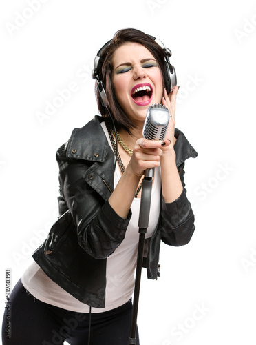 Plakat kobieta zabawa mikrofon sztuka