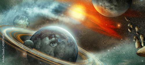 Obraz na płótnie Planety z pierścieniami i satelitami