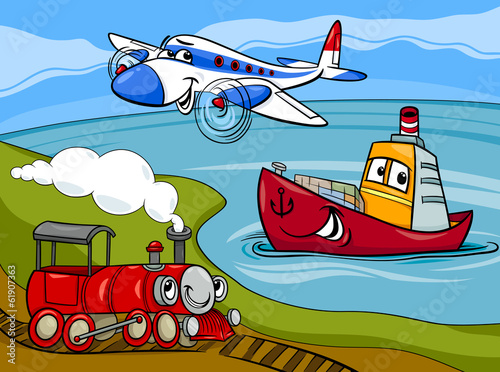 Obraz na płótnie Kreskówkowa ilustracja pociągu, samolotu i statku