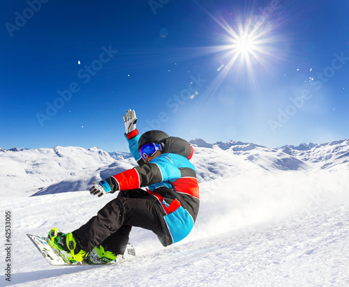 Plakat chłopiec śnieg snowboard akt