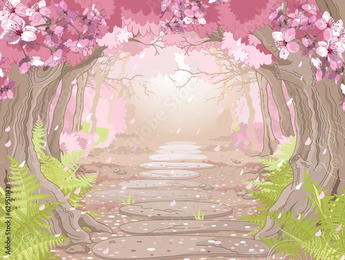 Plakat kwitnący las aleja kreskówka