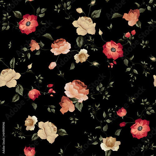 Fotoroleta Seamless vector floral pattern with roses on dark background