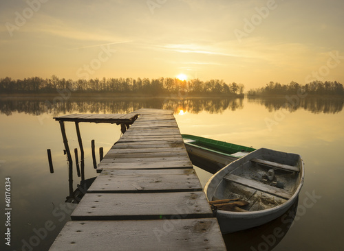 Plakat łódź słońce most łowienie upał