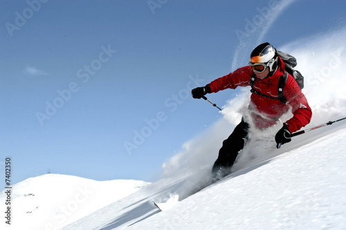 Plakat śnieg narciarz mężczyzna narty