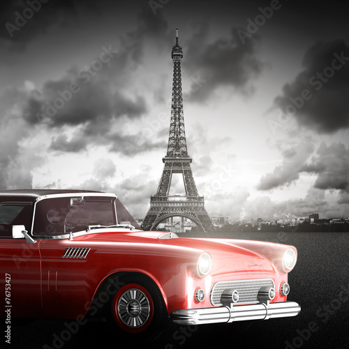 Fototapeta Czerwony retro samochód na tle wieży Eiffla