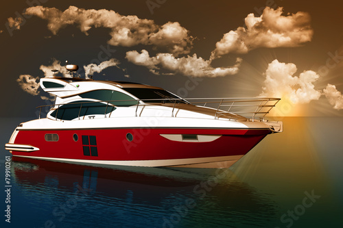 Plakat słońce motorówka łódź