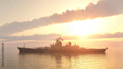 Plakat słońce pancernik statek 3D morze