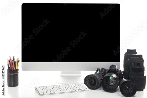 Fotoroleta Digital Camera and modern laptop
