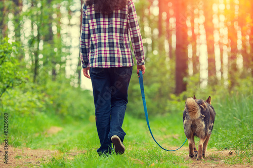 Obraz na płótnie Spacer z psem po lesie