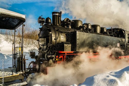 Plakat wagon śnieg błękitne niebo stary lokomotywa