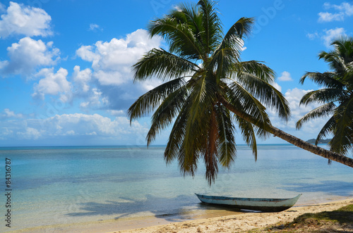 Plakat statek palma plaża morze