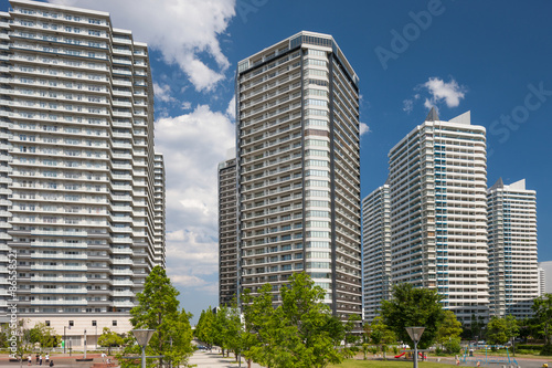 Plakat japonia błękitne niebo park architektura