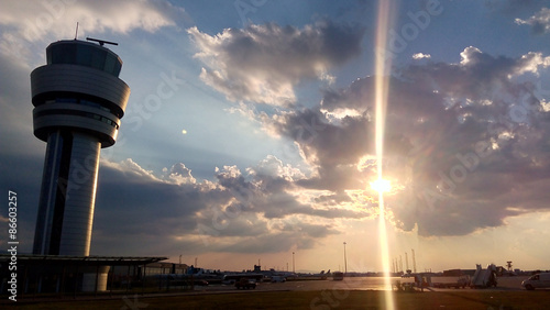 Naklejka Airport control tower at dramatic sunset in Sofia, Bulgaria
