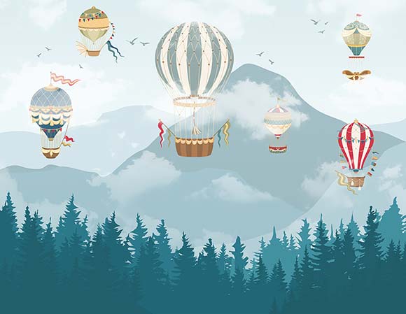Fototapeta dla dzieci z balonami i górami